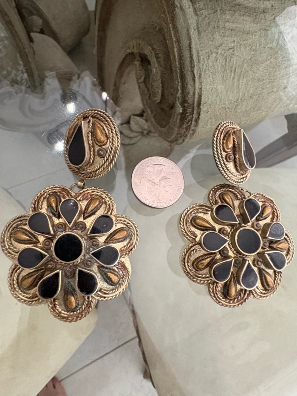 Vintage Gold-Tone Floral Drop Earrings with Black Accents